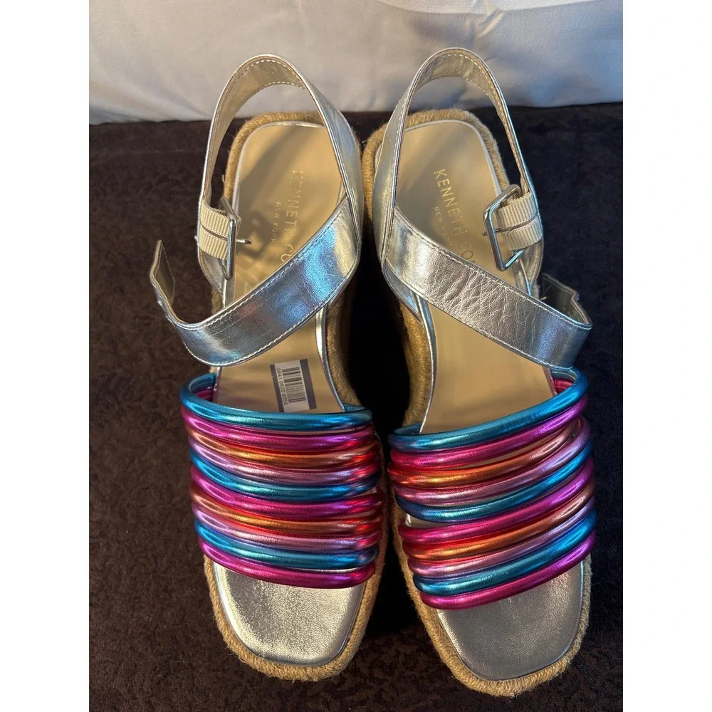 Kenneth Cole New‎ York Metallic Multi-Color Espadrille Wedge Sandals Silver 8.5M